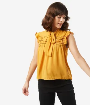 Vintage Style Mustard Ruffle Bow Blouse