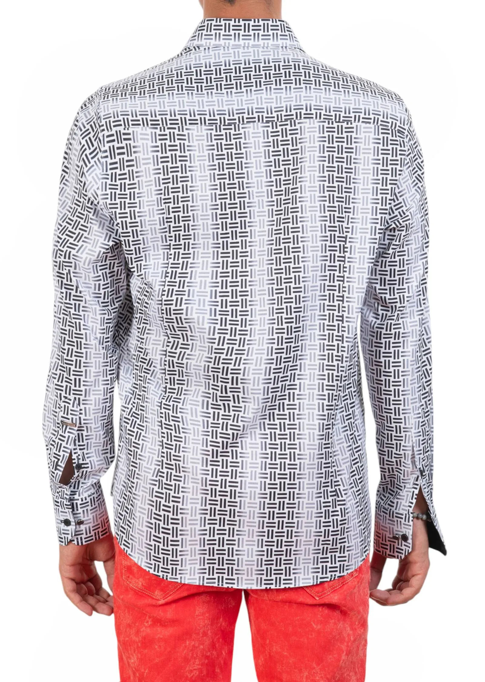 White Crosshatch Print Silky Shirt