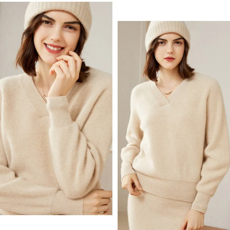 Women 100% Pure V Neck Cashmere Sweater Classic Long Sleeve Loose Pullover Cashmere Sweater