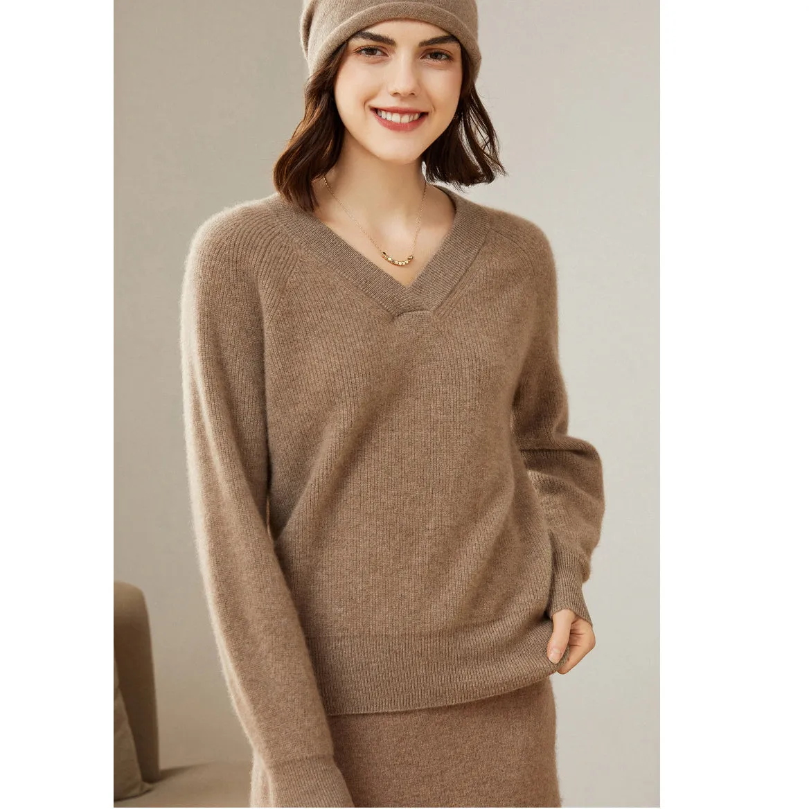 Women 100% Pure V Neck Cashmere Sweater Classic Long Sleeve Loose Pullover Cashmere Sweater