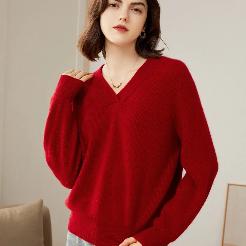 Women 100% Pure V Neck Cashmere Sweater Classic Long Sleeve Loose Pullover Cashmere Sweater