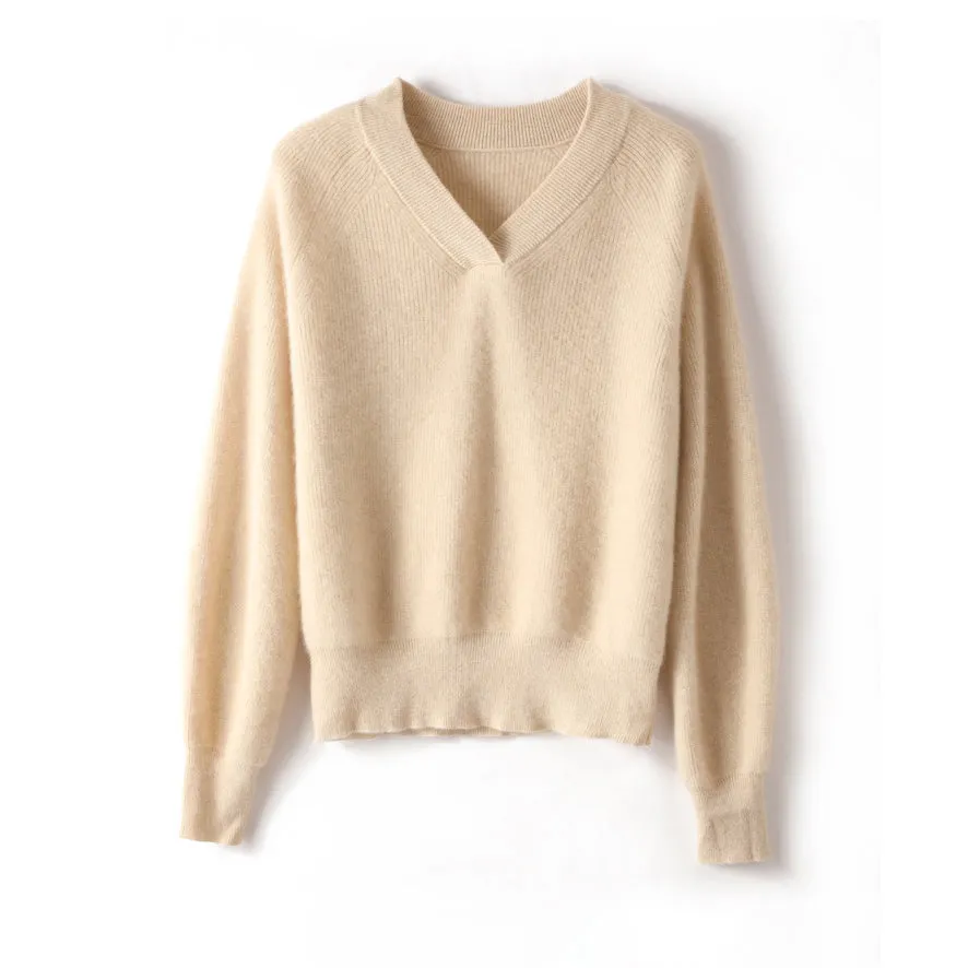 Women 100% Pure V Neck Cashmere Sweater Classic Long Sleeve Loose Pullover Cashmere Sweater