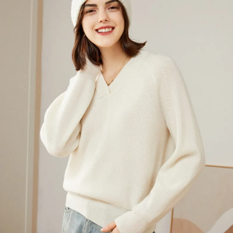 Women 100% Pure V Neck Cashmere Sweater Classic Long Sleeve Loose Pullover Cashmere Sweater