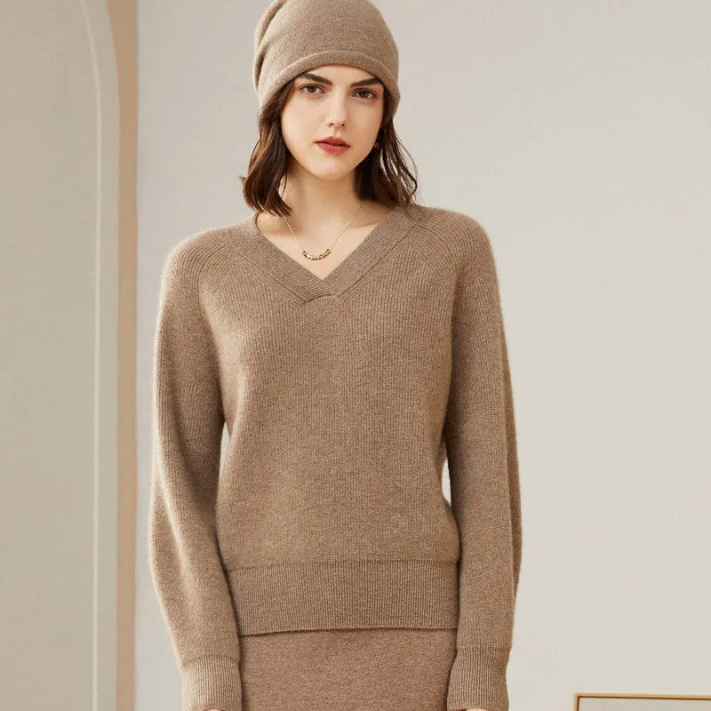 Women 100% Pure V Neck Cashmere Sweater Classic Long Sleeve Loose Pullover Cashmere Sweater