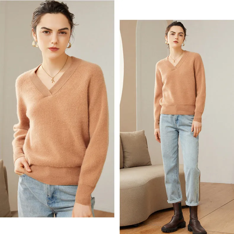 Women 100% Pure V Neck Cashmere Sweater Classic Long Sleeve Loose Pullover Cashmere Sweater