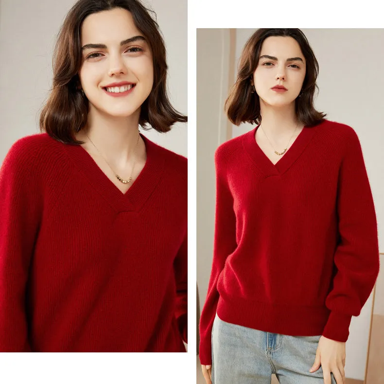 Women 100% Pure V Neck Cashmere Sweater Classic Long Sleeve Loose Pullover Cashmere Sweater