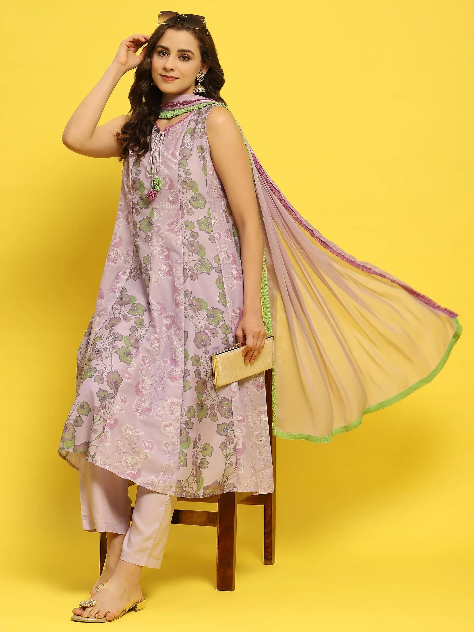 Women Lilac Muslin Kurta Comfort Pant Dupatta