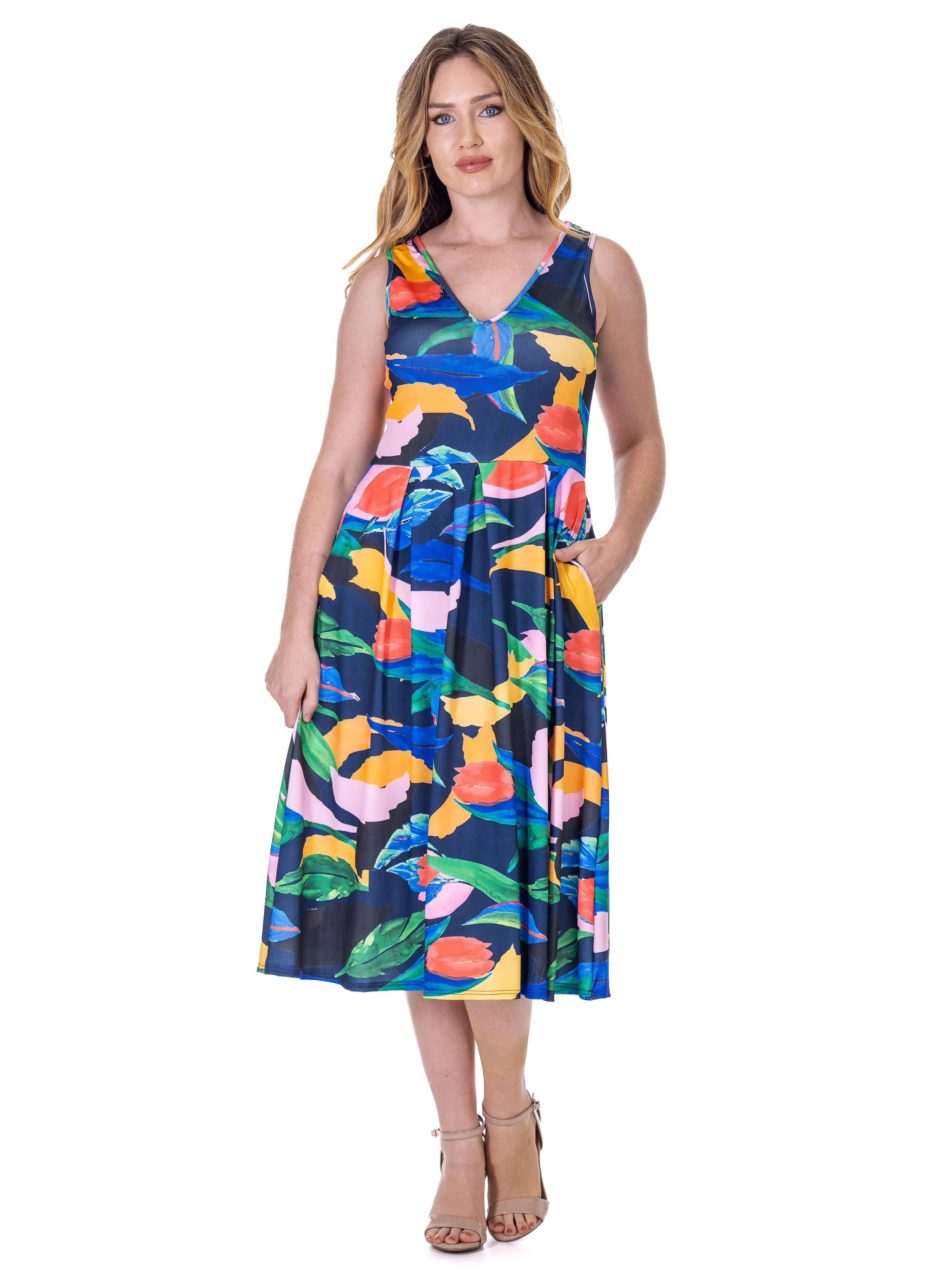 Womens Midi Length Multicolor Sleeveless Pleated Pocket Dress