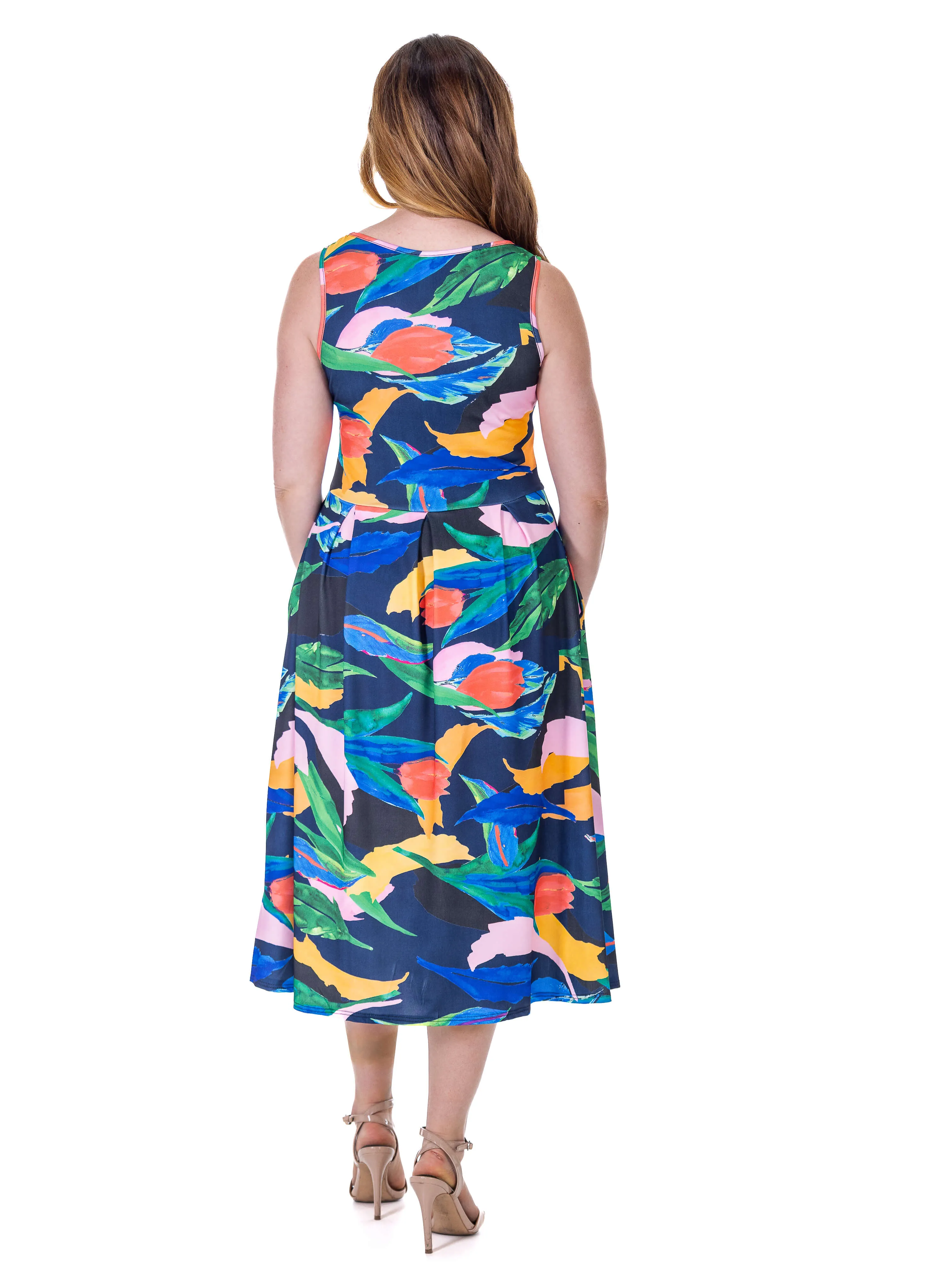 Womens Midi Length Multicolor Sleeveless Pleated Pocket Dress