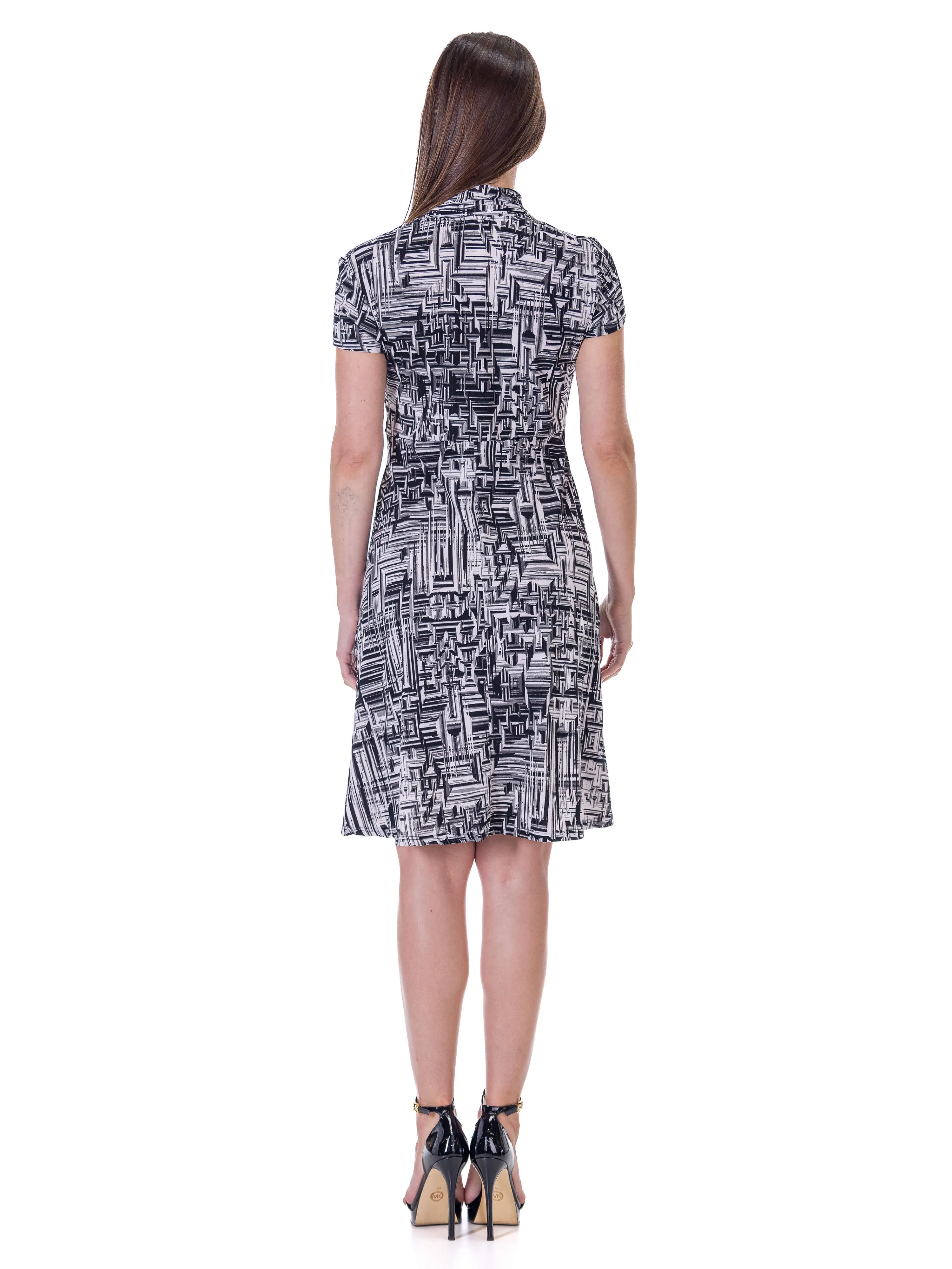 Womens Print Short Sleeve Knee Length V Neck Rouched Wrap Dress