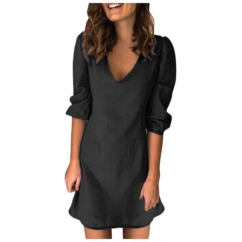 Womens Solid Color V-Neck Short Sleeve Casual Dress