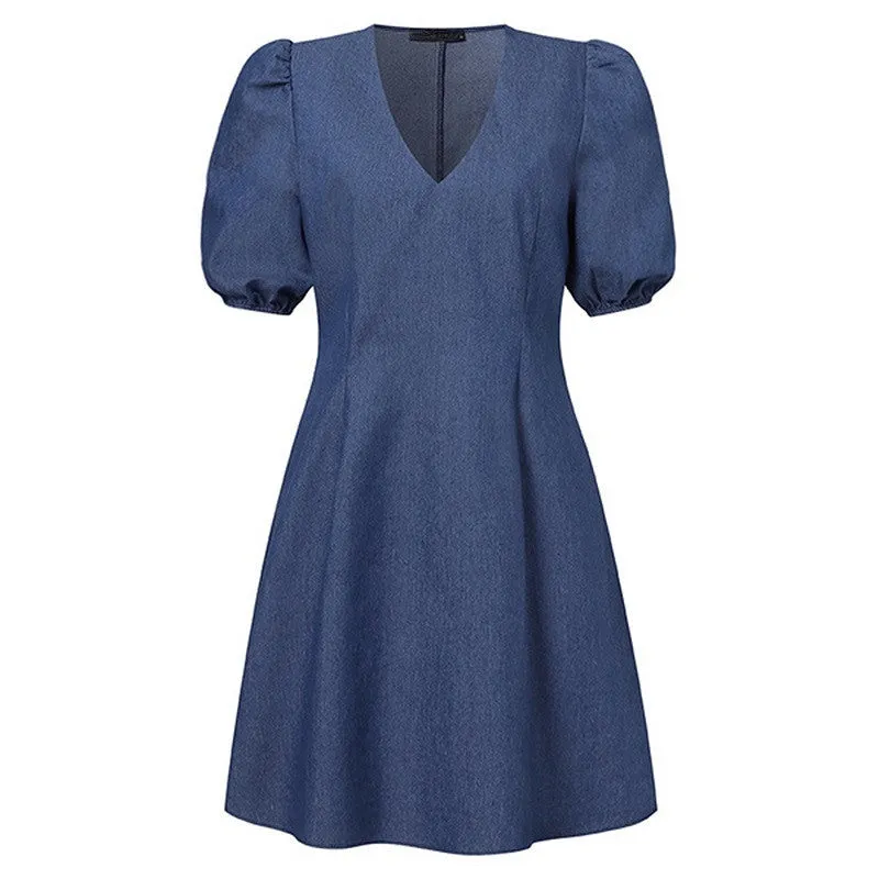 Womens Solid Color V-Neck Short Sleeve Casual Dress